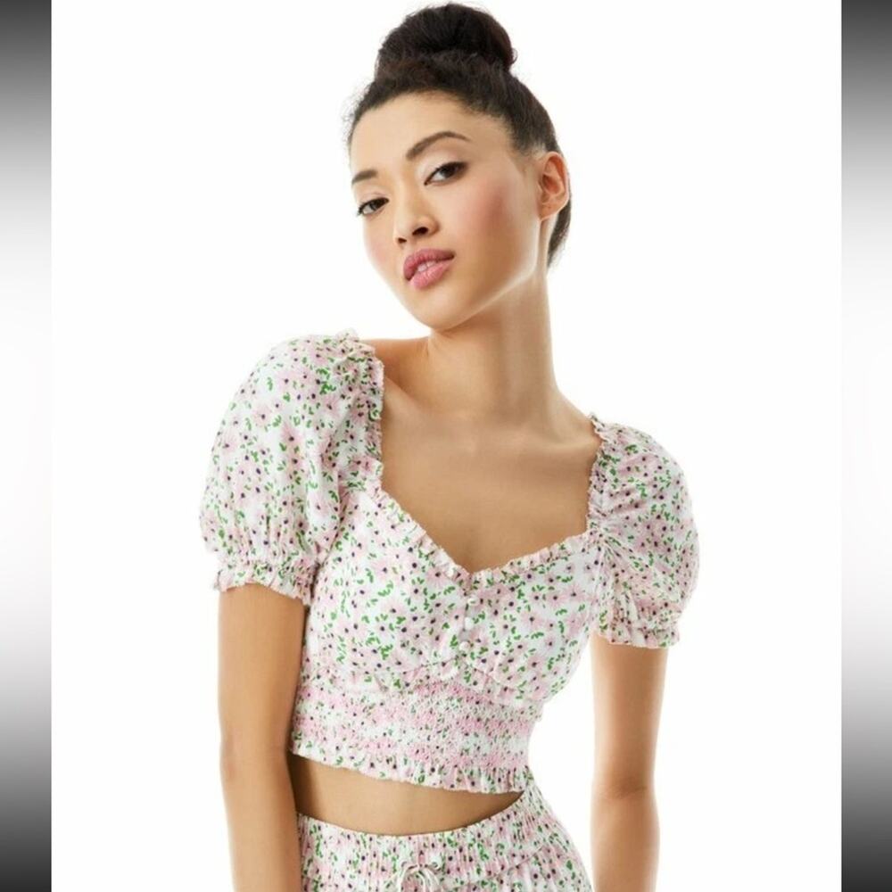 Alice + Olivia Rianna Puff Sleeve Floral Cropped Top XS